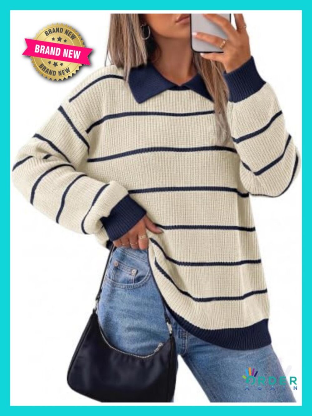 Oversized Striped Collared Sweater Cotton Blend Pullover - Picture 3 of 6